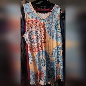 SHEIN CURVE  Medallion Print Midi Dress in Blue and Cream